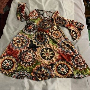 Olive and Rust Bell Sleeve Dress with Back Cross Straps Bohemian 70s Vibe
